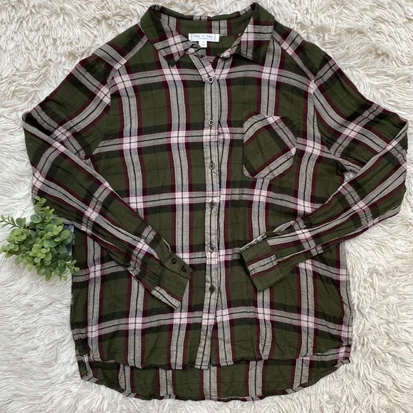 🎉HP🎉 Blue Pepper Day to Day Button Down Plaid Shirt 💗 Olive Cranberry White - Picture 3 of 14